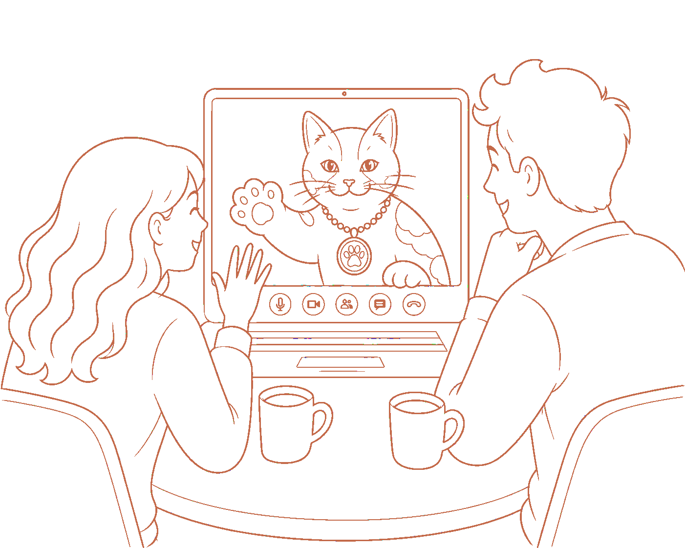 Line illustration of a couple on a video call with a calico cat wearing a paw-print pendant.