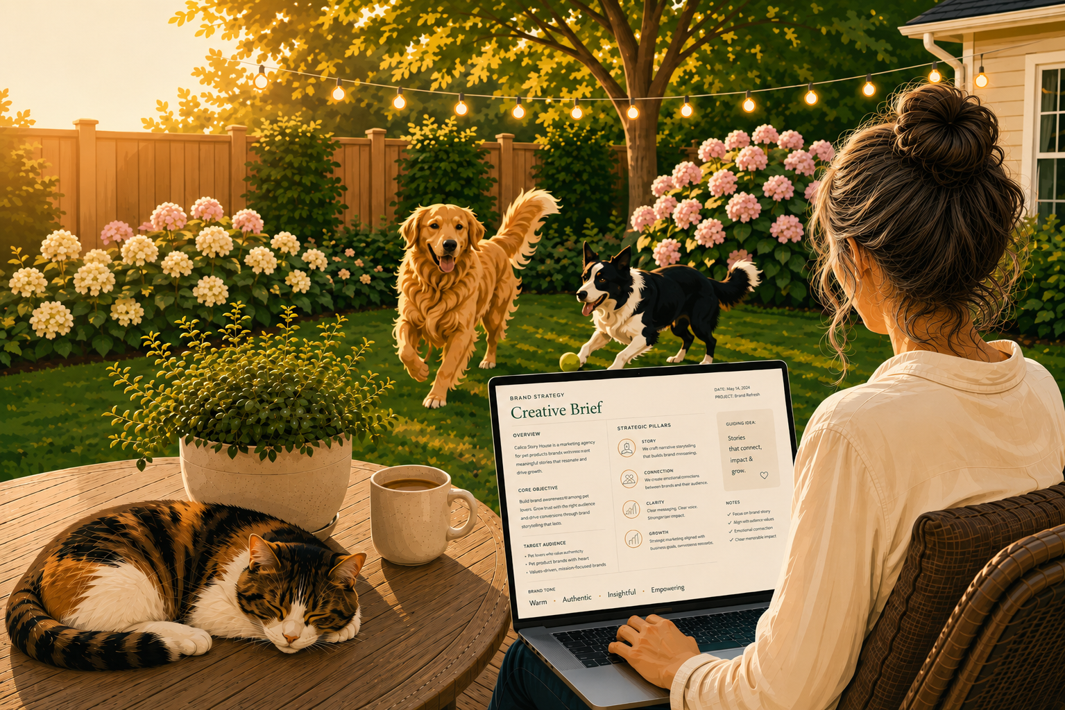 Calico cat resting on a sunlit patio table beside a laptop showing a Calico Story House creative brief, with a golden retriever and a border collie playing in the backyard at golden hour.