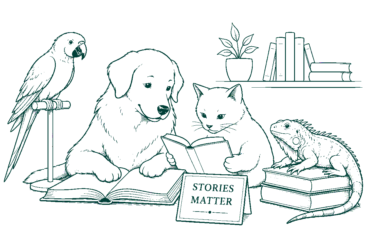 Illustration of a golden retriever, cat, parrot, and iguana gathered around an open book with a 'Stories Matter' sign.